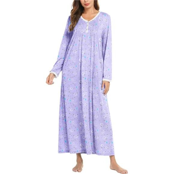 Women's Long Sleeve Nightgown Henley Sleep Dress Full Length Sleepwear